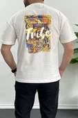 Erkek Oversize %100 Pamuk Tribe Sırt Baskılı T-shirt Ekru Edw094 - 1