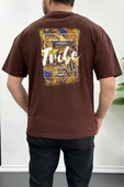 Erkek Oversize %100 Pamuk Tribe Sırt Baskılı T-shirt Kahverengi Edw094 thumbnail 1
