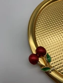 6'lı Kirazlı Yuvarlak Gold Çay ve Kahve Sunum Tepsisi, Dekoratif Servis Tepsisi 22cm Tek Kişilik - 5
