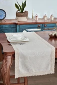 %100 Keten Pamuk Dantelli Runner 50x130 cm Linen Kumaş Masa Örtüsü Sehpa Leke Tutmaz Mutfak Bej - 4