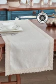 %100 Keten Pamuk Dantelli Runner 50x130 cm Linen Kumaş Masa Örtüsü Sehpa Leke Tutmaz Mutfak Bej - 1