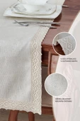 %100 Keten Pamuk Dantelli Runner 50x130 cm Linen Kumaş Masa Örtüsü Sehpa Leke Tutmaz Mutfak Bej - 2