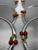 6'lı Kirazlı Yuvarlak Gümüş Çay ve Kahve Sunum Tepsisi, Dekoratif Servis Tepsisi 22cm Tek Kişilik - 1