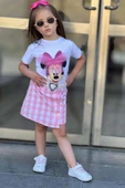 Kız Çocuk Minnie Baskı ve Üzeri Tül Fiyonk Detaylı Tişört Ekose Desen Etekli Takım thumbnail 4