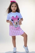 Kız Çocuk Minnie Baskı ve Üzeri Tül Fiyonk Detaylı Tişört Ekose Desen Etekli Takım thumbnail 1