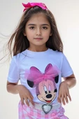 Kız Çocuk Minnie Baskı ve Üzeri Tül Fiyonk Detaylı Tişört Ekose Desen Etekli Takım thumbnail 5