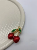 6'lı Kirazlı Yuvarlak Krem Çay ve Kahve Sunum Tepsisi, Dekoratif Servis Tepsisi 22cm Tek Kişilik - 4