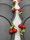 6'lı Kirazlı Yuvarlak Siyah Çay ve Kahve Sunum Tepsisi, Dekoratif Servis Tepsisi 22cm Tek Kişilik - 1
