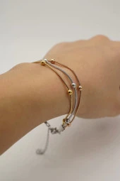 Üçlü Boncuk Detay Altın Gümüş Bakır Renk Çelik Bileklik - 1