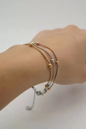 Üçlü Boncuk Detay Altın Gümüş Bakır Renk Çelik Bileklik - 3