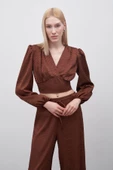 Desenli Kruvaze Saten Bluz - KAHVE - 6