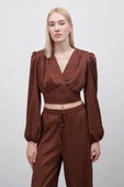 Desenli Kruvaze Saten Bluz - KAHVE - 7