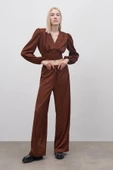 Desenli Kruvaze Saten Bluz - KAHVE - 2
