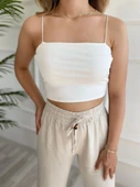 Kadın Spagetti Askılı Crop Ekru - 1