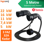 Bemis 22kW-16kW-11kW-7,4kW-5kW 3 Faz 32A Kadar Elektrikli Araç Şarj Kablosu - 1