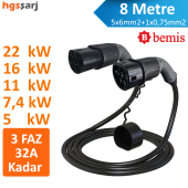 Bemis 8 Metre 22kW-16kW-11kW-7,4kW-5kW 3 Faz 32A Kadar Elektrikli Araç Şarj Kablosu - 1
