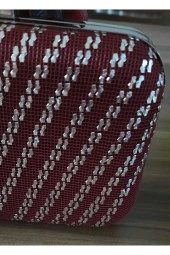 BORDO KUMAŞ TÜL ÜZERİNE ÖZEL TASARIM EL YAPIMI GÜMÜŞ TEL KIRMA ABİYE EL VE OMUZ ÇANTASI - 4