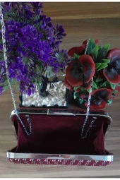 BORDO KUMAŞ TÜL ÜZERİNE ÖZEL TASARIM EL YAPIMI GÜMÜŞ TEL KIRMA ABİYE EL VE OMUZ ÇANTASI - 6