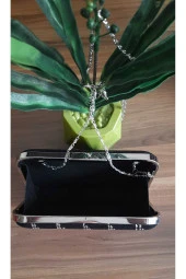 SİYAH KUMAŞ TÜL ÜZERİNE ÖZEL TASARIM EL YAPIMI GÜMÜŞ TEL KIRMA ABİYE EL VE OMUZ ÇANTASI - 7