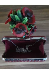 BORDO KUMAŞ TÜL ÜZERİNE ÖZEL TASARIM EL YAPIMI GÜMÜŞ TEL KIRMA ABİYE EL VE OMUZ ÇANTASI - 7