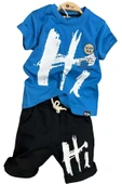 Erkek Çocuk Hi Yazı Baskılı Kısa Kollu Saks Mavi Şortlu Takım thumbnail 1