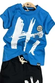 Erkek Çocuk Hi Yazı Baskılı Kısa Kollu Saks Mavi Şortlu Takım thumbnail 2