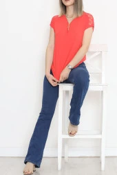 Omzu Dantelli Fermuarlı Bluz Narçiçeği - 11367.599. thumbnail 2