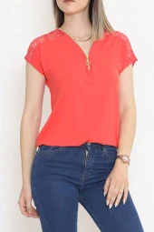 Omzu Dantelli Fermuarlı Bluz Narçiçeği - 11367.599. thumbnail 5