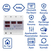 Tomzn Otomatik Faz Seçici ve Yüksek Alçak Voltaj Akım Koruma Rölesi 63A Dahili Kontaktör thumbnail 1