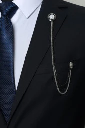 Esgue İnci Taşlı Gümüş Zincirli Ceket Yaka İğnesi - 1