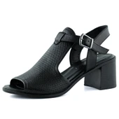 Erkan Saçmacı Elena Siyah Hakiki Dana Derisi Delik Detaylı Kalın Topuklu Rahat Günlük Sandalet - 1