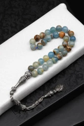 Mavi Kalsit Doğal Taş Tesbih 925 Ayar Gümüş 8 mm Küre Kesim - 1