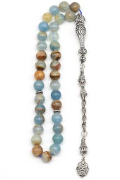 Mavi Kalsit Doğal Taş Tesbih 925 Ayar Gümüş 8 mm Küre Kesim - 2