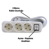 Anahtarlı Grup Priz 3'lü Topraklı 2 Metre Seyyar Ara Kablolu Uzatma Kablolusu Üçlü Piriz - 3
