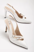 İki Tokalı Arka Açık Beyaz Kadın İnce Topuklu Ayakkabı Stiletto thumbnail 1