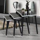 3'Lü Siyah Mermer Dikdörtgen Ahşap Zigon Gümüş Kenarlı Sehpa Lüx Ayaklı E6 - 2