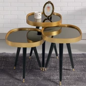 3'Lü Siyah Aynalı Yuvarlak Zigon Sehpa Gold Çerçeveli Ahşap Lüx Ayaklı D1 - 1