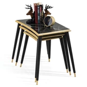 3'Lü Siyah Mermer Dikdörtgen Ahşap Zigon Altın Kenarlı Sehpa Lüx Ayaklı E7 - 3