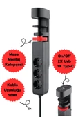 Fulltech Ftr-19 USB Çoklu Priz 3 Prizli + 3 USB Çıkışlı | PD 20W Hızlı Şarj 16A Akım Koruma 1.8M Kablo Masa Kenarı Monta - 1