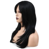 Katlı Kesim Perçemli Düz Fiber Sentetik Orta Boy Peruk - Siyah H4899-1 - 3