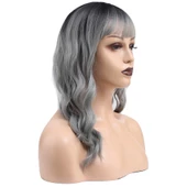 Dalgalı Kısa Perçemli Fiber Sentetik Peruk - Siyah / Gri Ombreli H9882-2F89A thumbnail 2