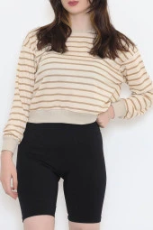 Çizgili Crop Sweat Bejkahve - 11815.1567. - 1