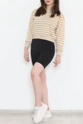 Çizgili Crop Sweat Bejkahve - 11815.1567. - 3