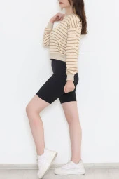 Çizgili Crop Sweat Bejkahve - 11815.1567. - 5
