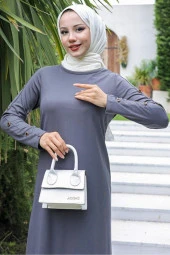 Kolu Düğmeli Elbise Füme - 10006.1778. thumbnail 4