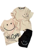 Erkek Çocuk Welcome Yazı ve Smile Baskılı Penye Tişört Siyah Şortlu Takım thumbnail 1
