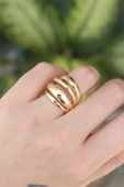Pirinç Gold Renk Ayarlanabilir Tırtıklı Bombe Yüzük - TJ-BYK3170 - 1