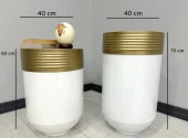 ELEGANT Dekoratif Eskitme Darbuka Parlak Beyaz Saksı 70cm + Sehpa 60cm İkili Set thumbnail 3