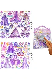 Sticker Kabartmalı Çantalı iki Sayfalı Sticker Seti (HQK013) - 21x17 cm- Mor Kız Giydirme - 1