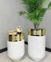 ELEGANT Dekoratif Gold Darbuka Parlak Beyaz Saksı 70cm + 60cm Sehpa İkili Set thumbnail 1